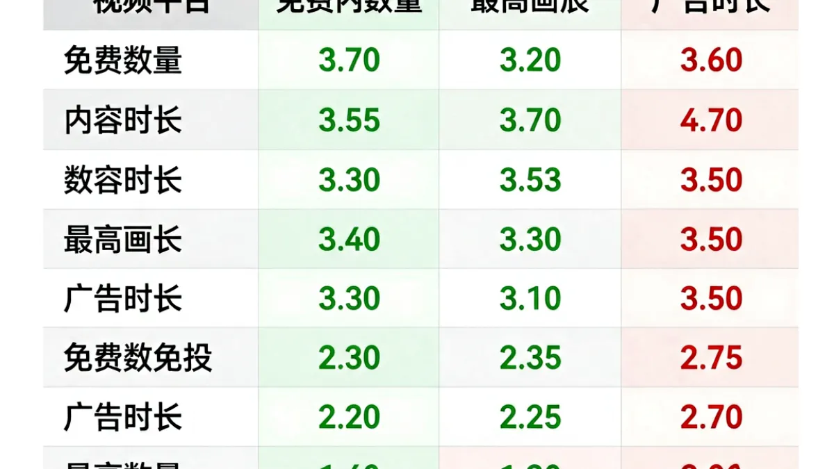 免费看片 - 多个视频平台免费区与付费区的横向对比表格截图，标注各平台免费内容数量与画质差异